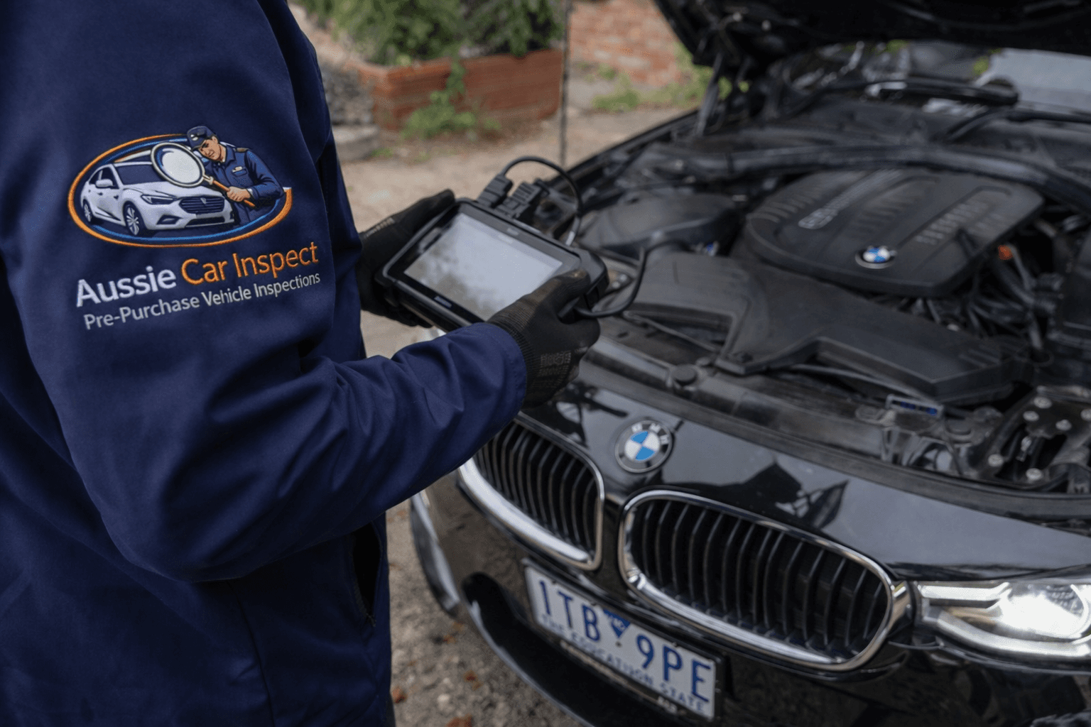 Experienced mechanic performing a pre-purchase car inspection